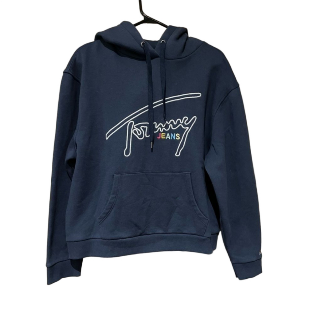 ​Tommy Jeans Navy Blue Embroidered Script Logo Pullover Hoodie Size L